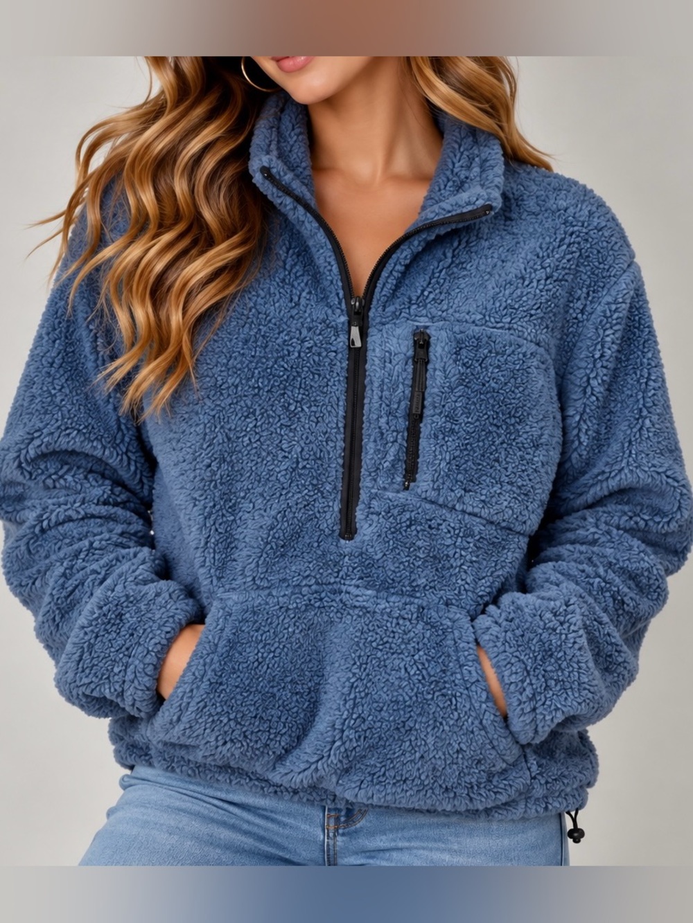 PINK Victoria's Secret Blue Sherpa Fleece 1/4 Zip Pullover Sweatshirt (S)